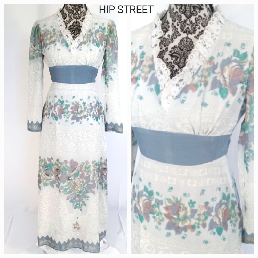 VINTAGE 70's Floral Voile LS High Waist Cottagecore Prairie Maxi Dress XS